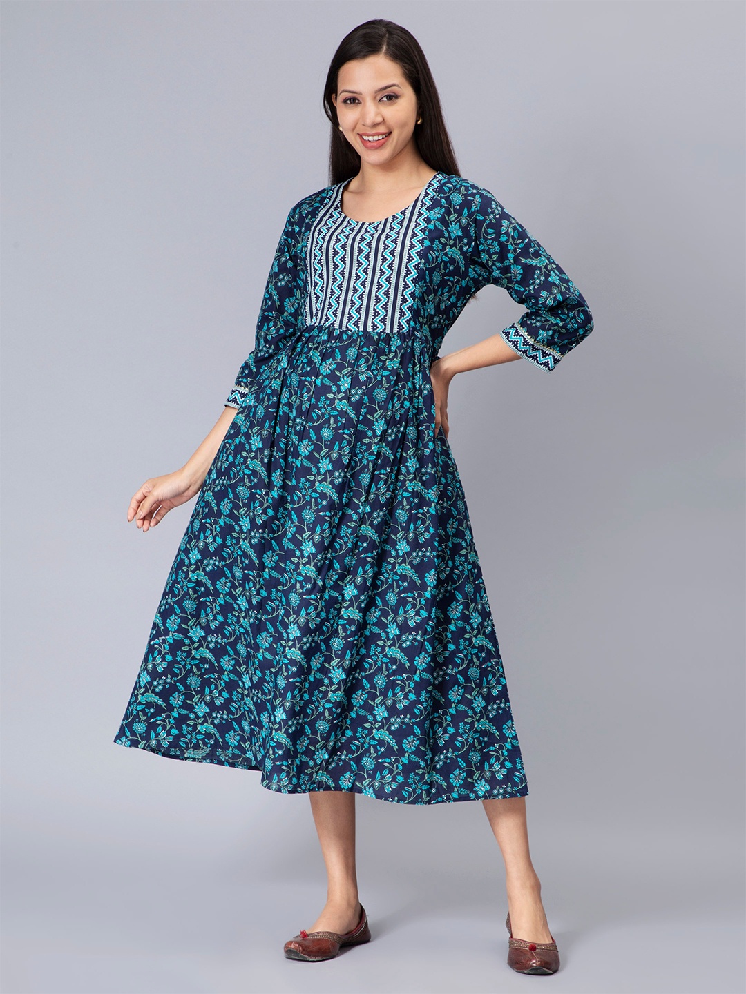 

NIGHTSPREE Round Neck Floral Printed Fit And Flare Maternity And Feeding Cotton Midi Dress, Navy blue