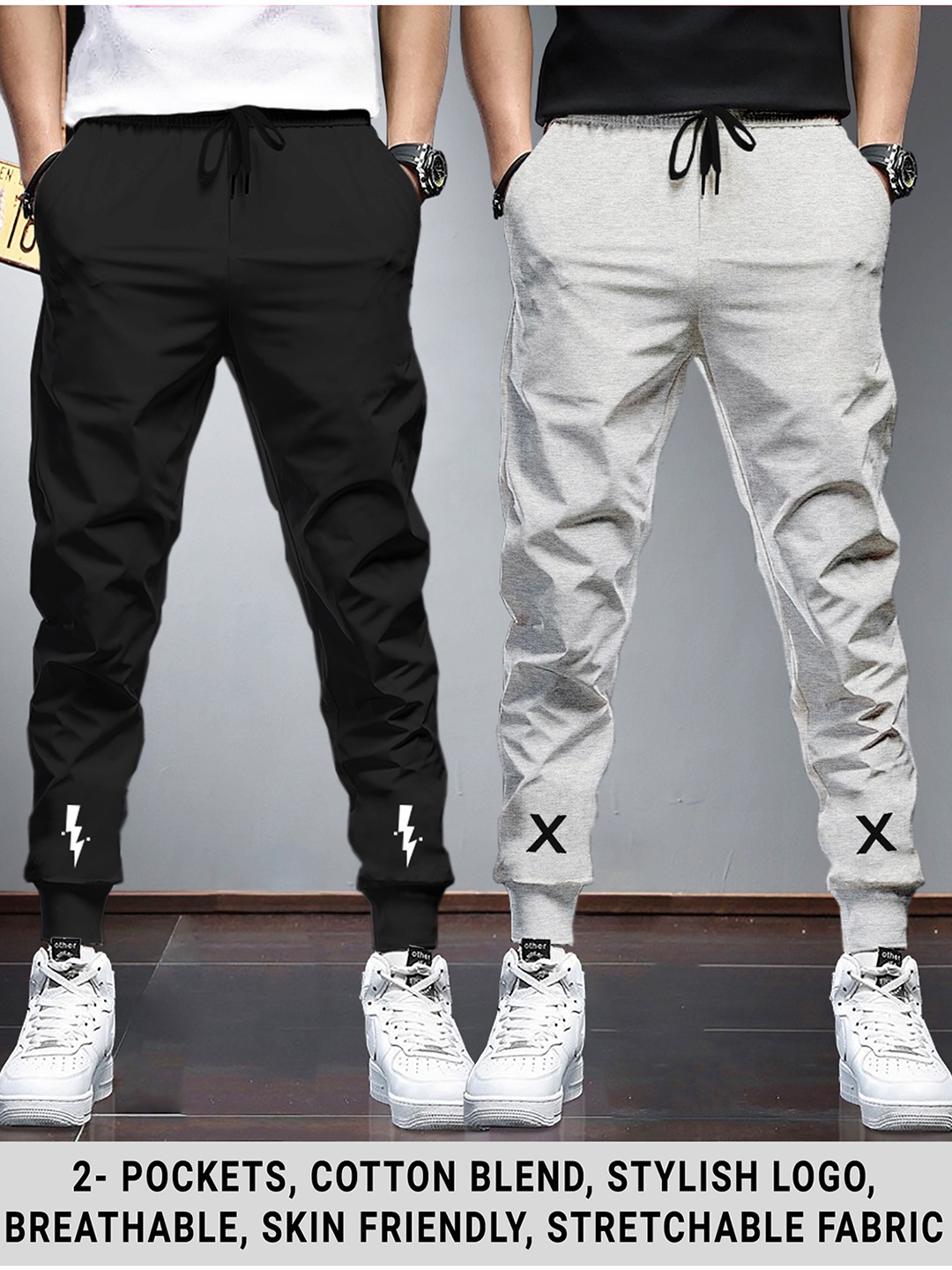 

TRIPR Men Pack Of 2 Breathable Mid Rise Joggers, Black