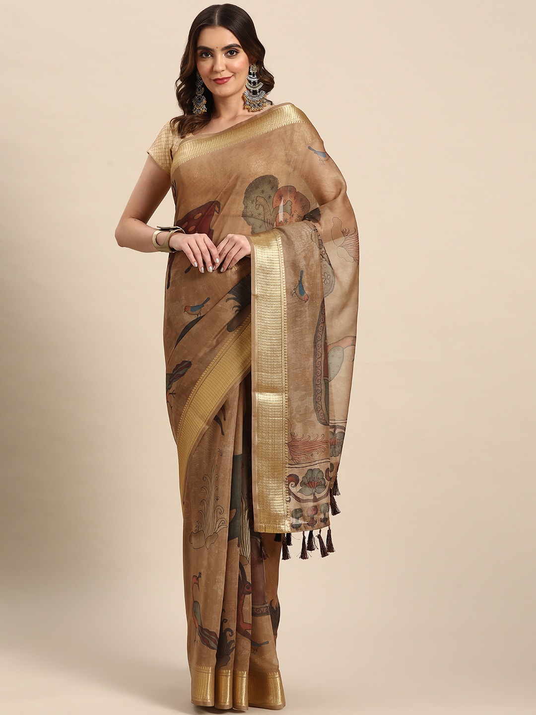 

Silk Land Kalamkari Zari Chanderi Saree, Beige