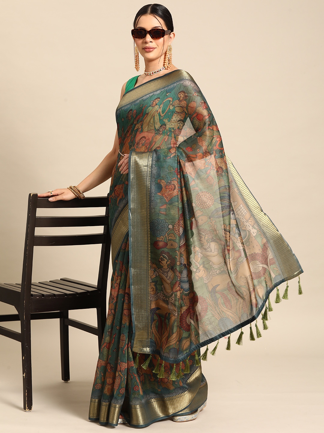 

Silk Land Kalamkari Zari Chanderi Saree, Multi