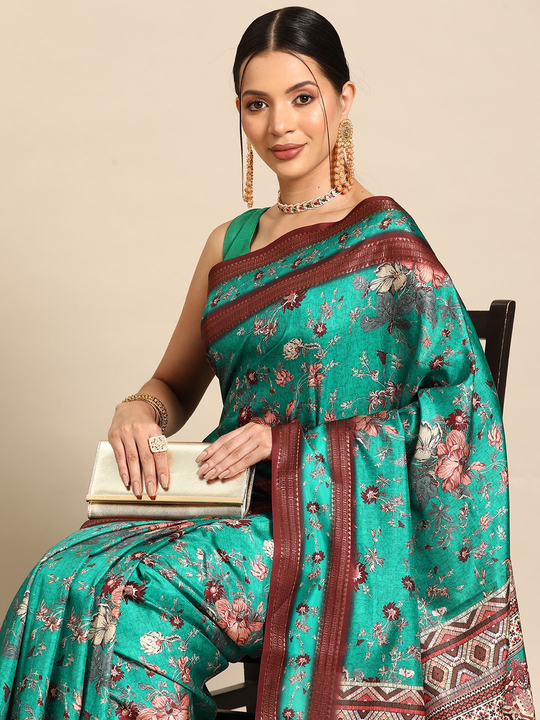 

Silk Land Sea Green & Brown Floral Zari Art Silk Kanjeevaram Saree