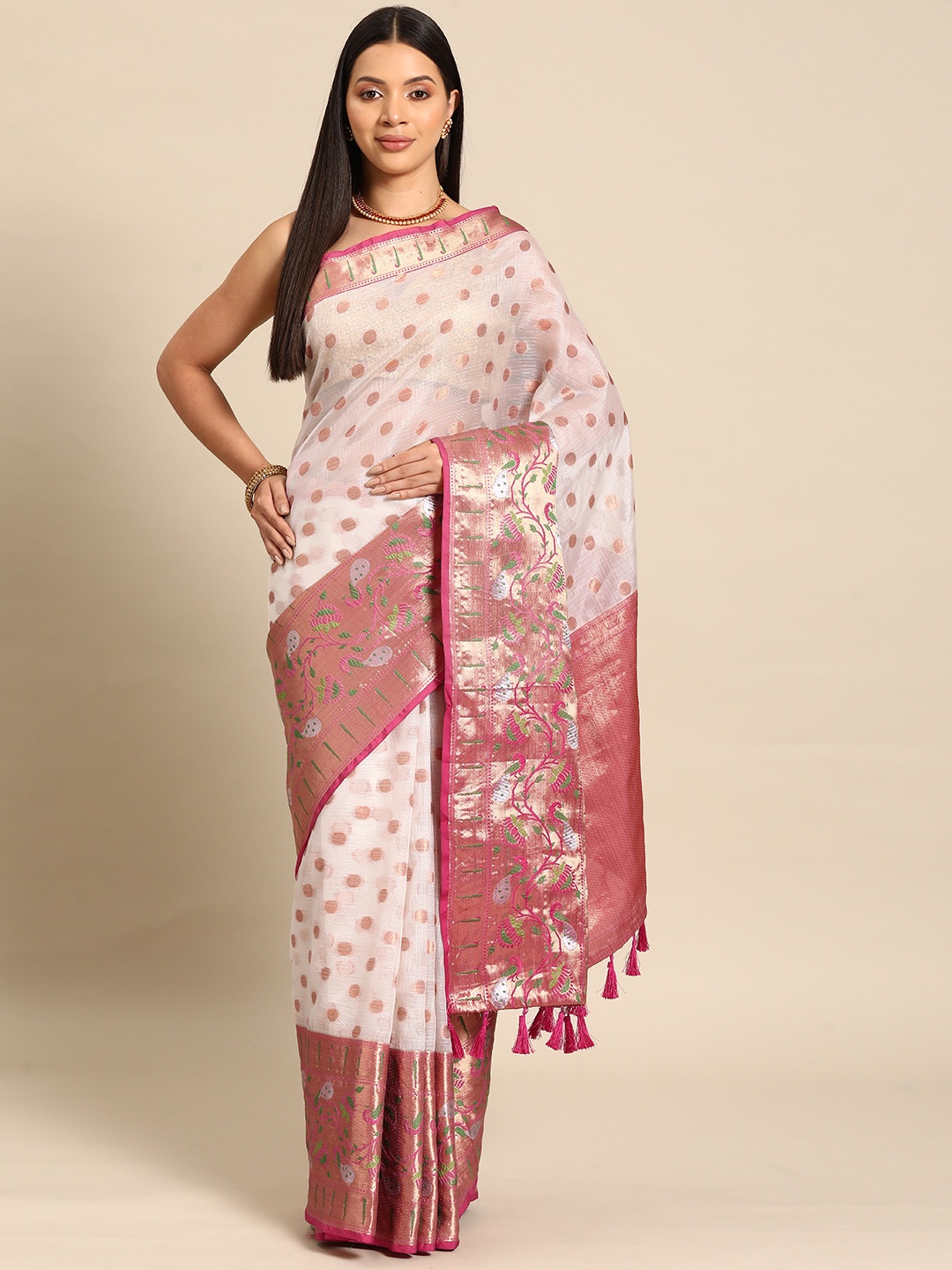 

Silk Land Polka Dot Zari Kanjeevaram Saree, White