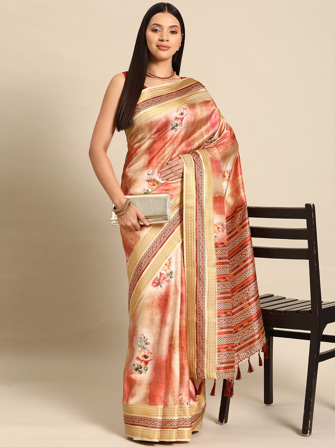 

Silk Land Brown Floral Zari Kanjeevaram Saree, Multi