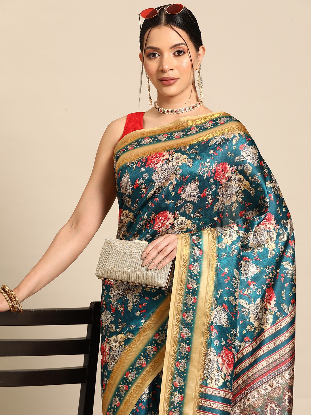 

Silk Land Floral Zari Art Silk Kanjeevaram Saree, Teal