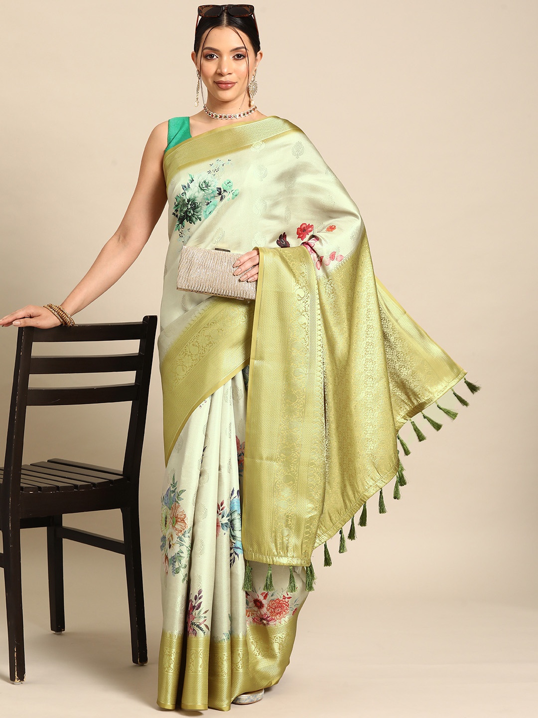 

Silk Land Floral Kanjeewaram Art Silk Digital Print saree, Yellow
