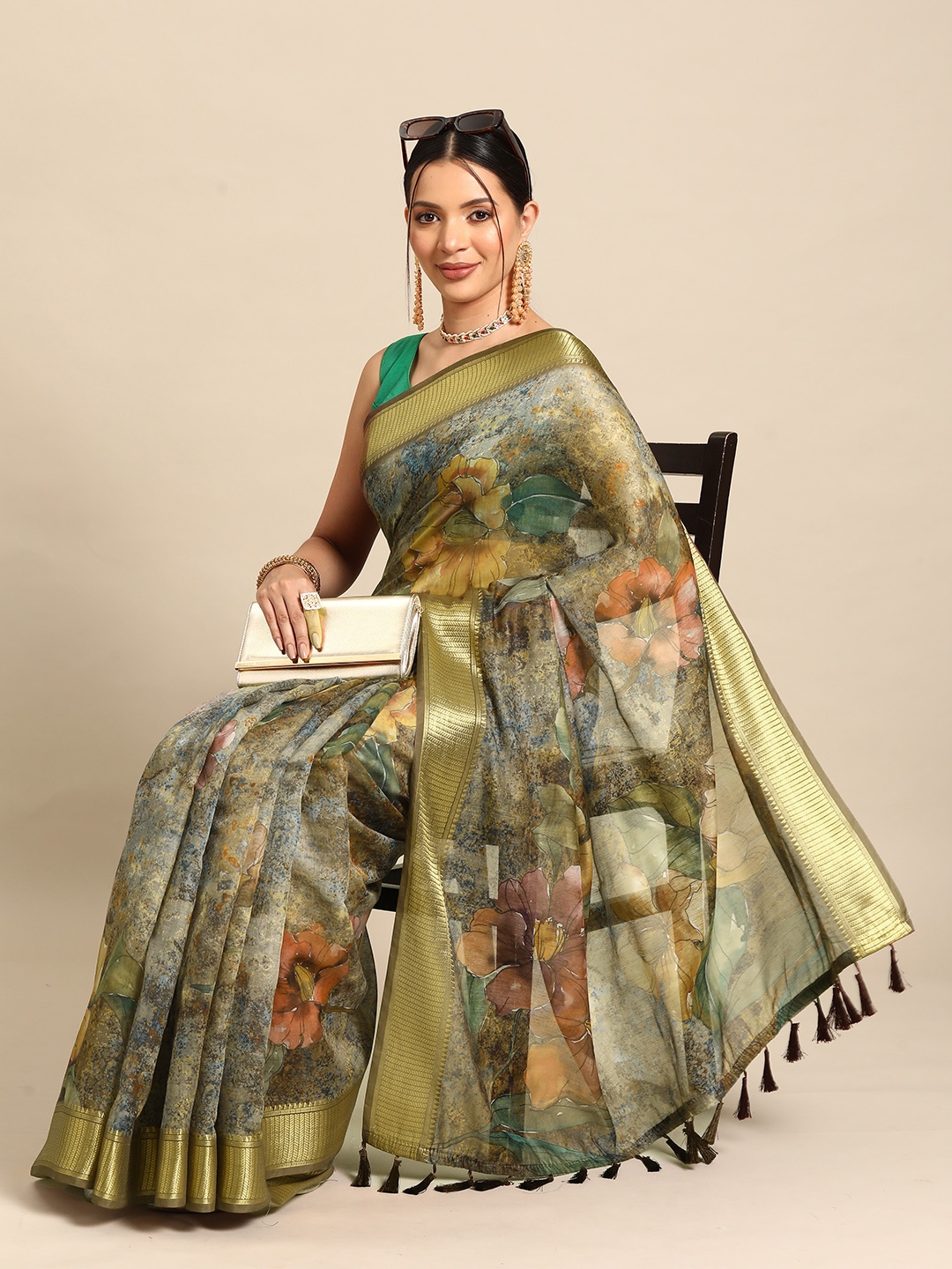 

Silk Land Kalamkari Zari Chanderi Saree, Multi