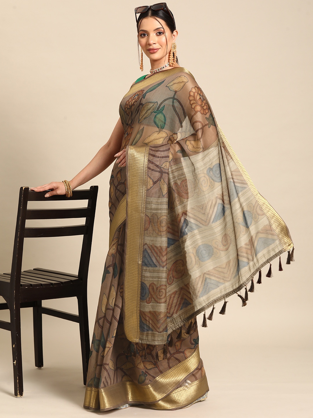 

Silk Land Kalamkari Zari Chanderi Saree, Multi