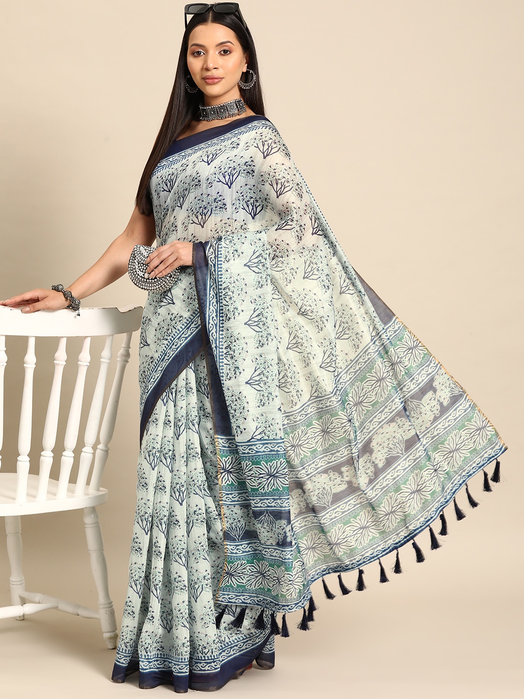 

Silk Land Dabu Chanderi Cotton Digital Print Saree, Blue