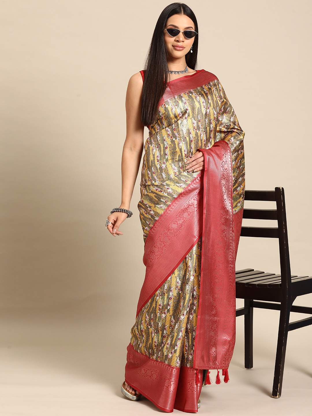 

Silk Land Printed Zari Art Silk Kanjeevaram Saree, Multi