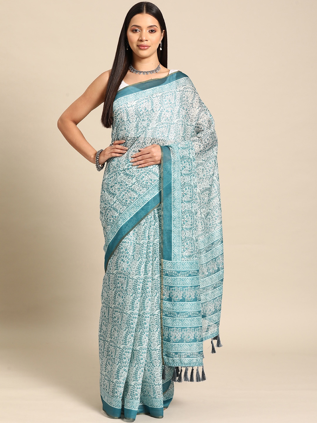 

Silk Land Dabu Printed Chanderi Saree, Teal