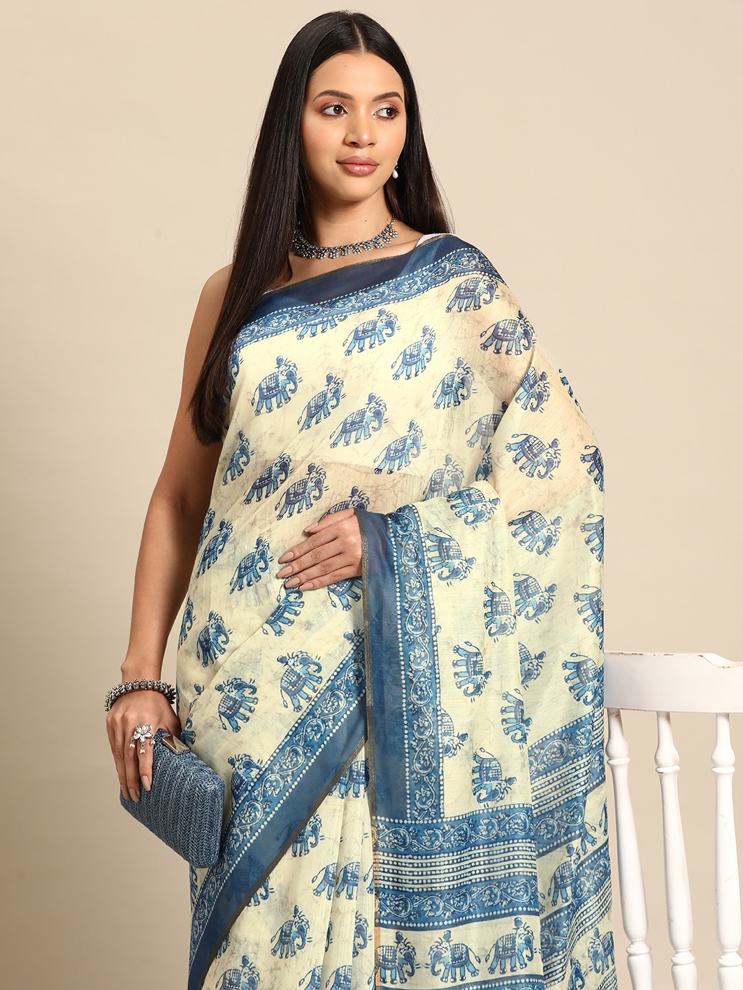 

Silk Land Dabu Printed Block Print Saree, Blue