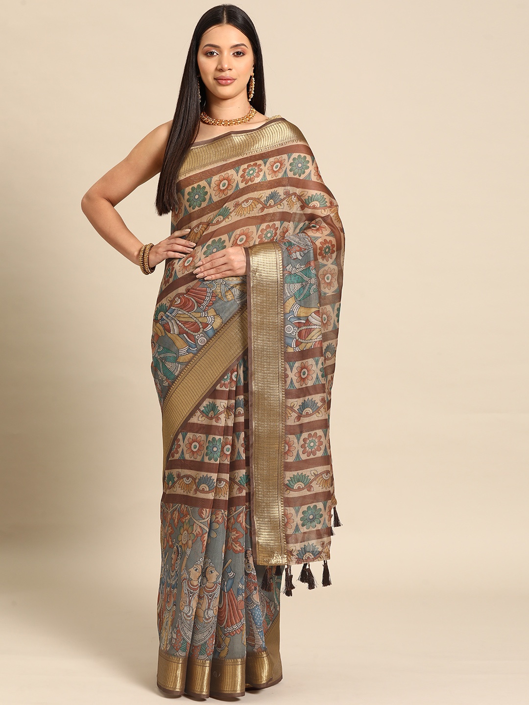 

Silk Land Kalamkari Zari Chanderi Saree, Multi