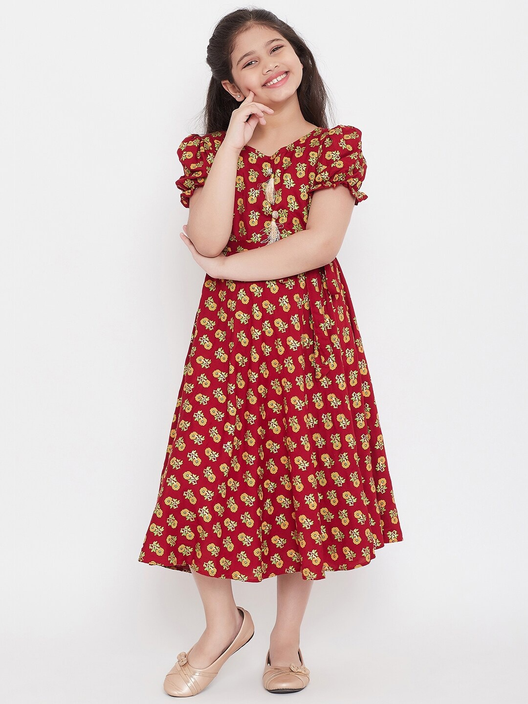 

KYDZI Girls Floral Printed Fit & Flare Midi Dress, Maroon