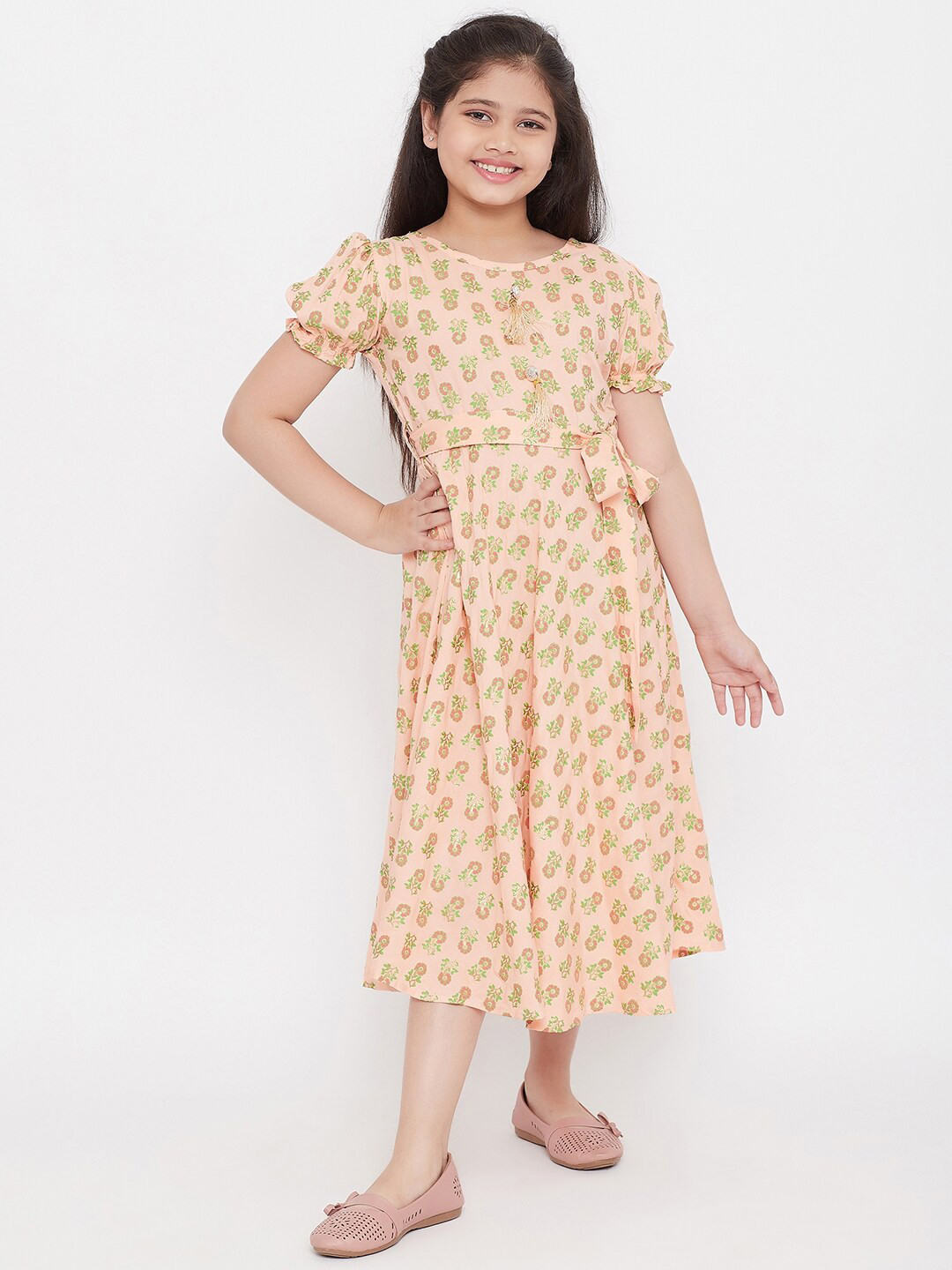 

KYDZI Girls Floral Printed Puff Sleeve Fit & Flare Midi Dress, Peach