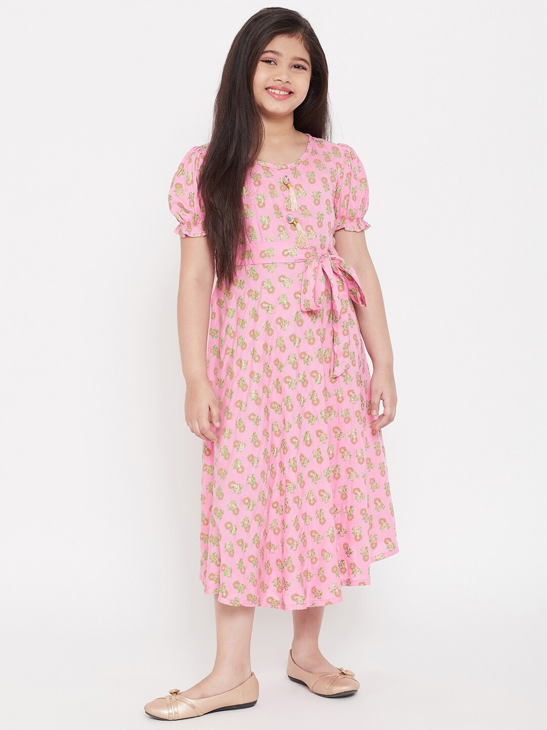 

KYDZI Girls Floral Print Puff Sleeve A-Line Midi Dress, Pink