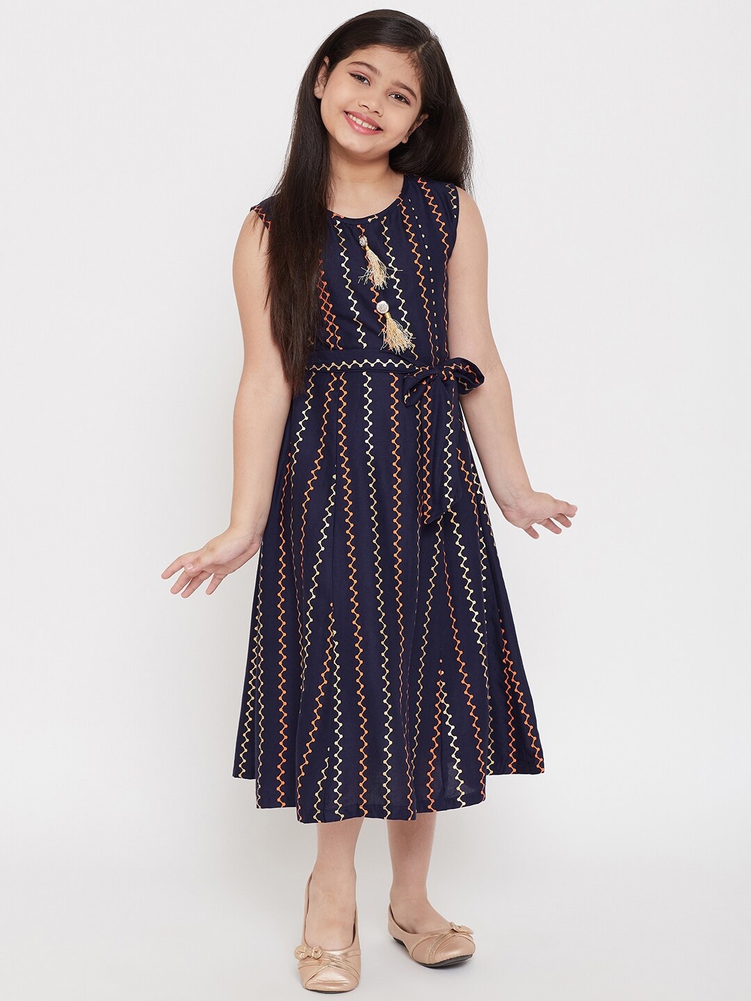 

KYDZI Girls Striped Tie-Up Detail A-Line Midi Dress, Navy blue