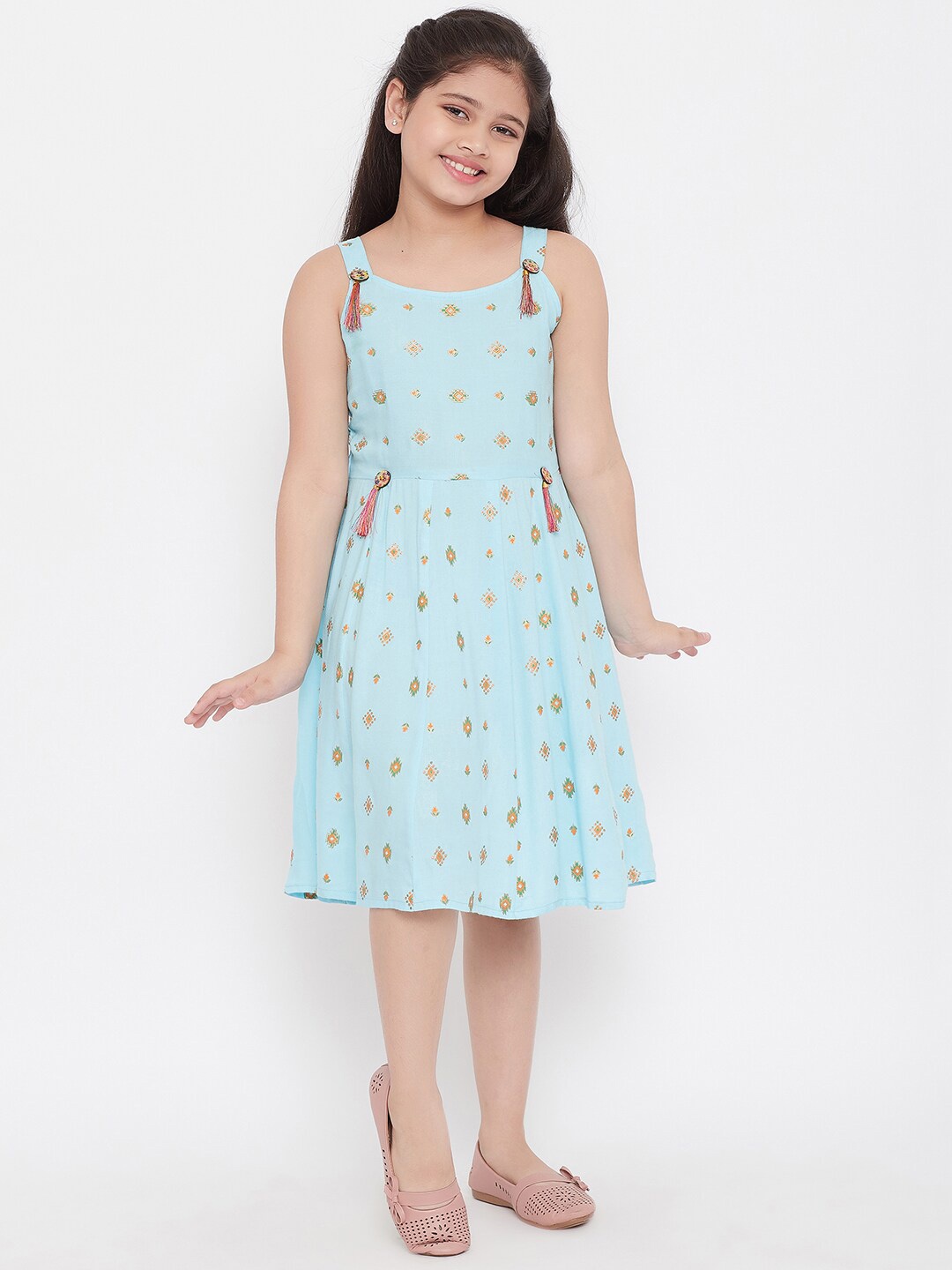 

KYDZI Girls Floral Print Fringed Fit & Flare Dress, Blue