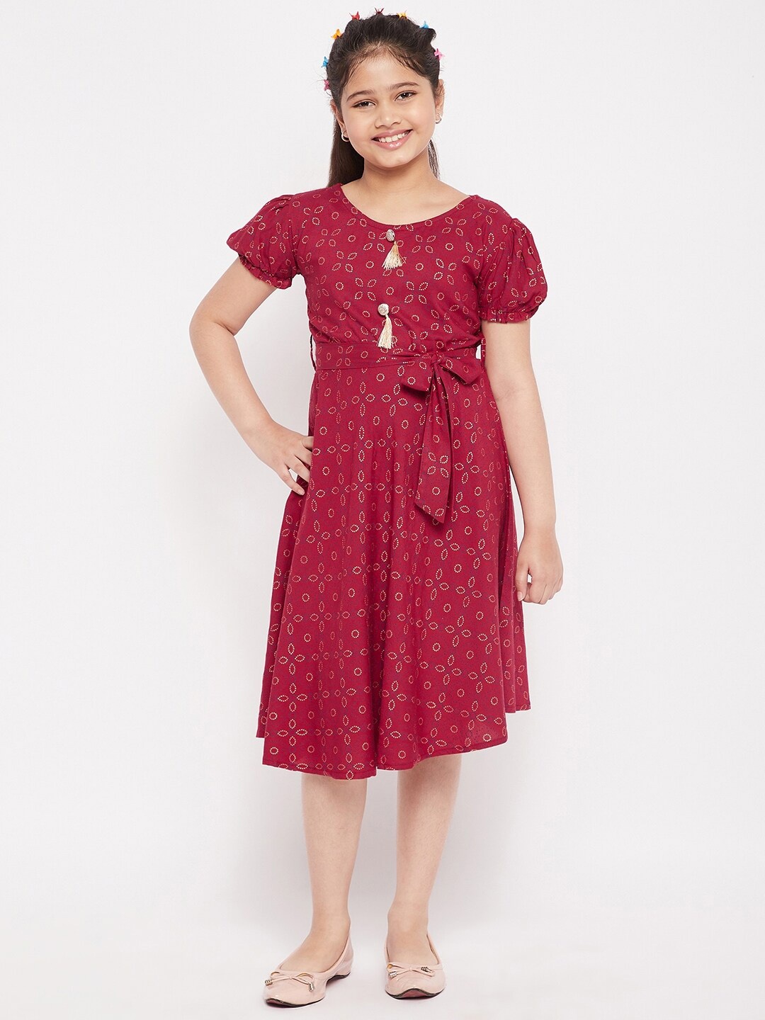 

KYDZI Girls Floral Printed Fit & Flare Midi Dress, Maroon