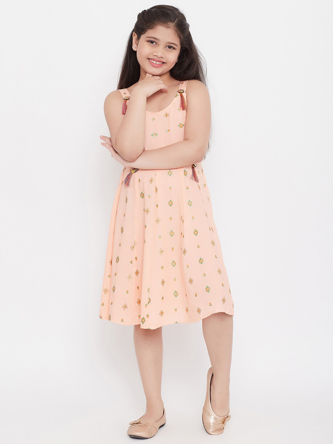 

KYDZI Floral Print Fringed Fit & Flare Dress, Peach