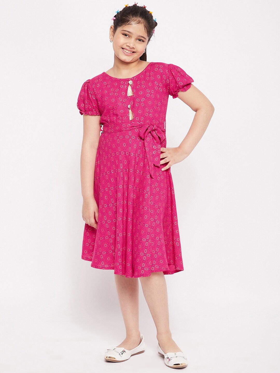 

KYDZI Ethnic Motifs Printed Fringed Fit & Flare Dress, Magenta