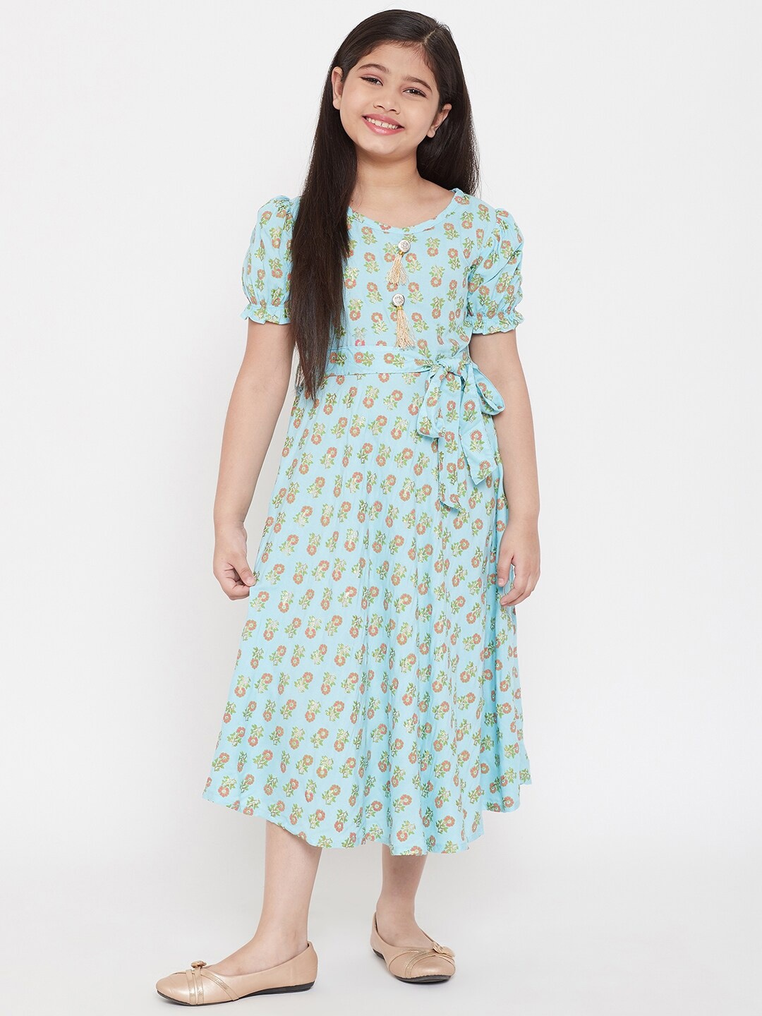 

KYDZI Girls Floral Print Puff Sleeve A-Line Midi Dress, Blue