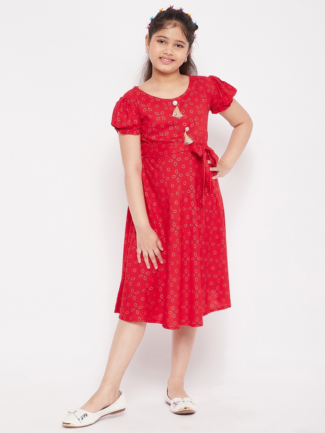 

KYDZI Girls Floral Printed Puff Sleeves Fit & Flare Midi Dress, Red