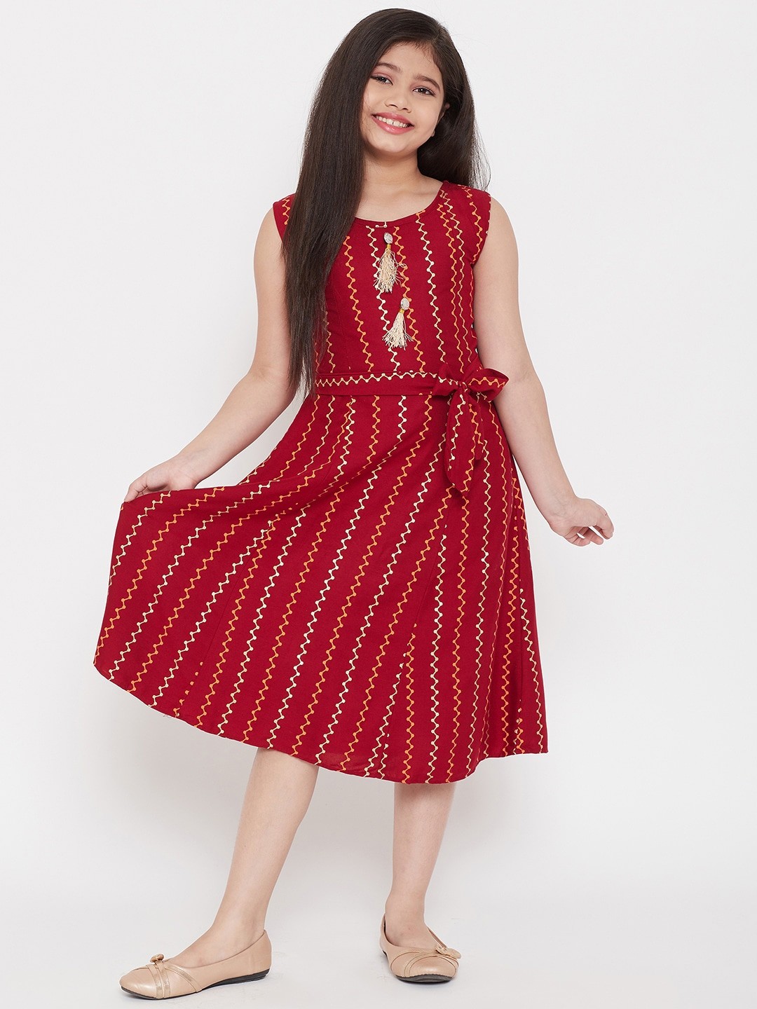 

KYDZI Girls Striped Tie-Up Detail A-Line Midi Dress, Maroon