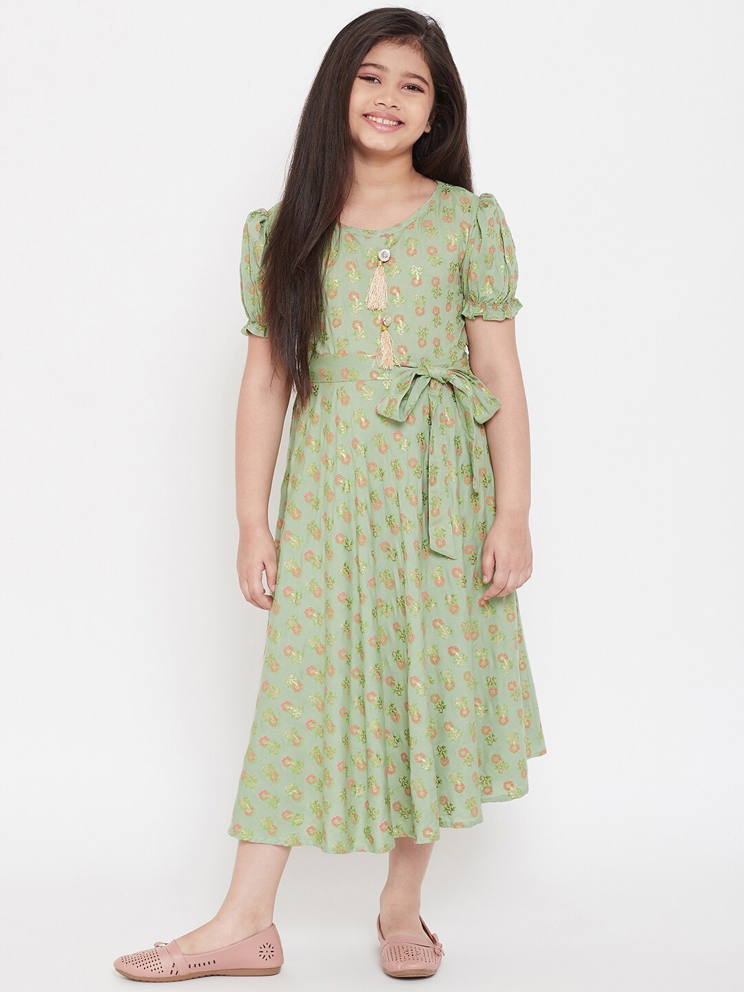 

KYDZI Floral Print Puff Sleeve A-Line Midi Dress, Green