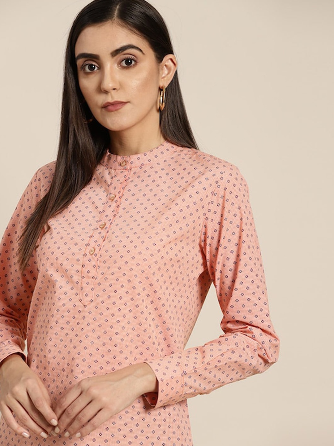 

Hancock Floral Printed Mandarin Collar Cuffed Sleeves Cotton Shirt Style Top, Orange