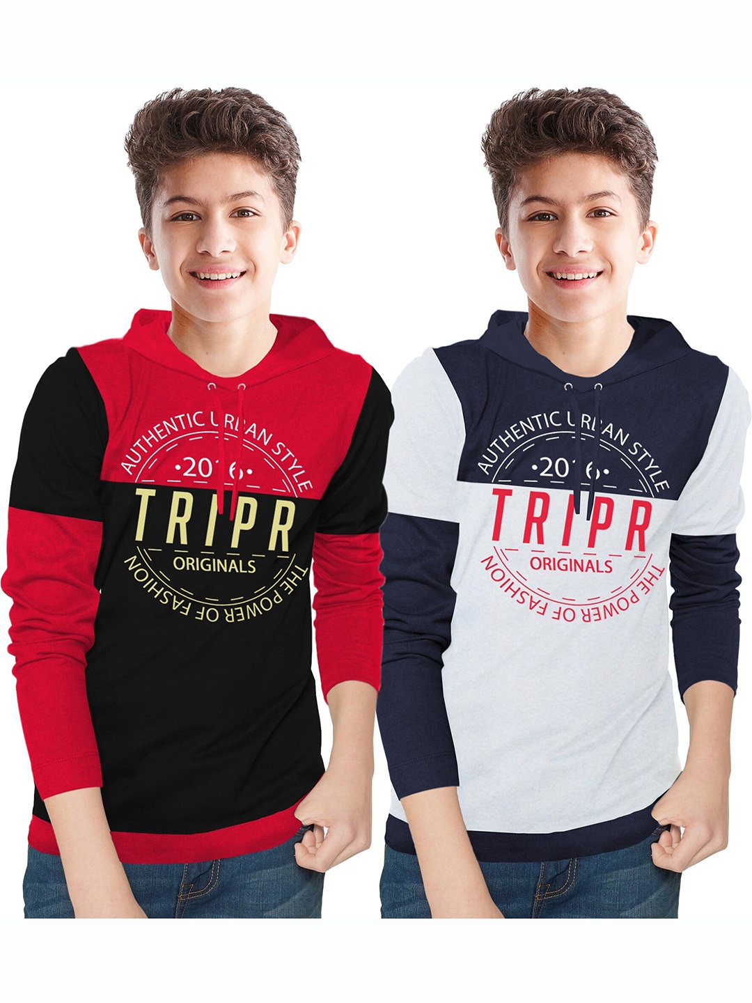

TRIPR Boys Pack Of 2 Typography Printed Hooded T-shirts, Red