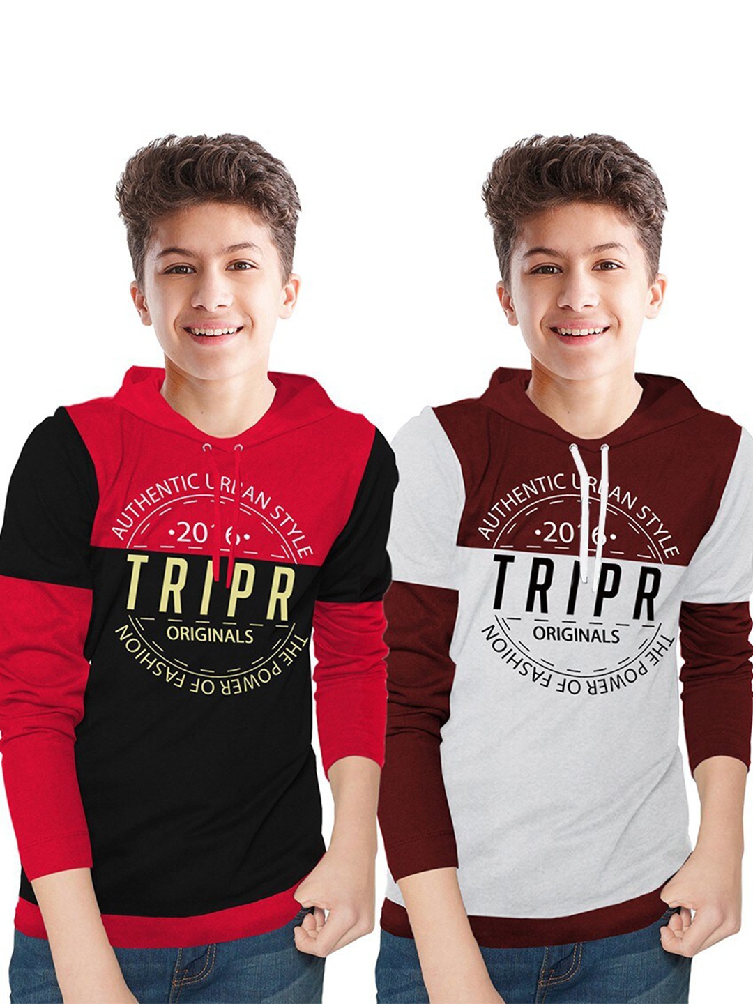 

TRIPR Boys Pack Of 2 Colourblocked Hooded Cotton T-Shirts, Red