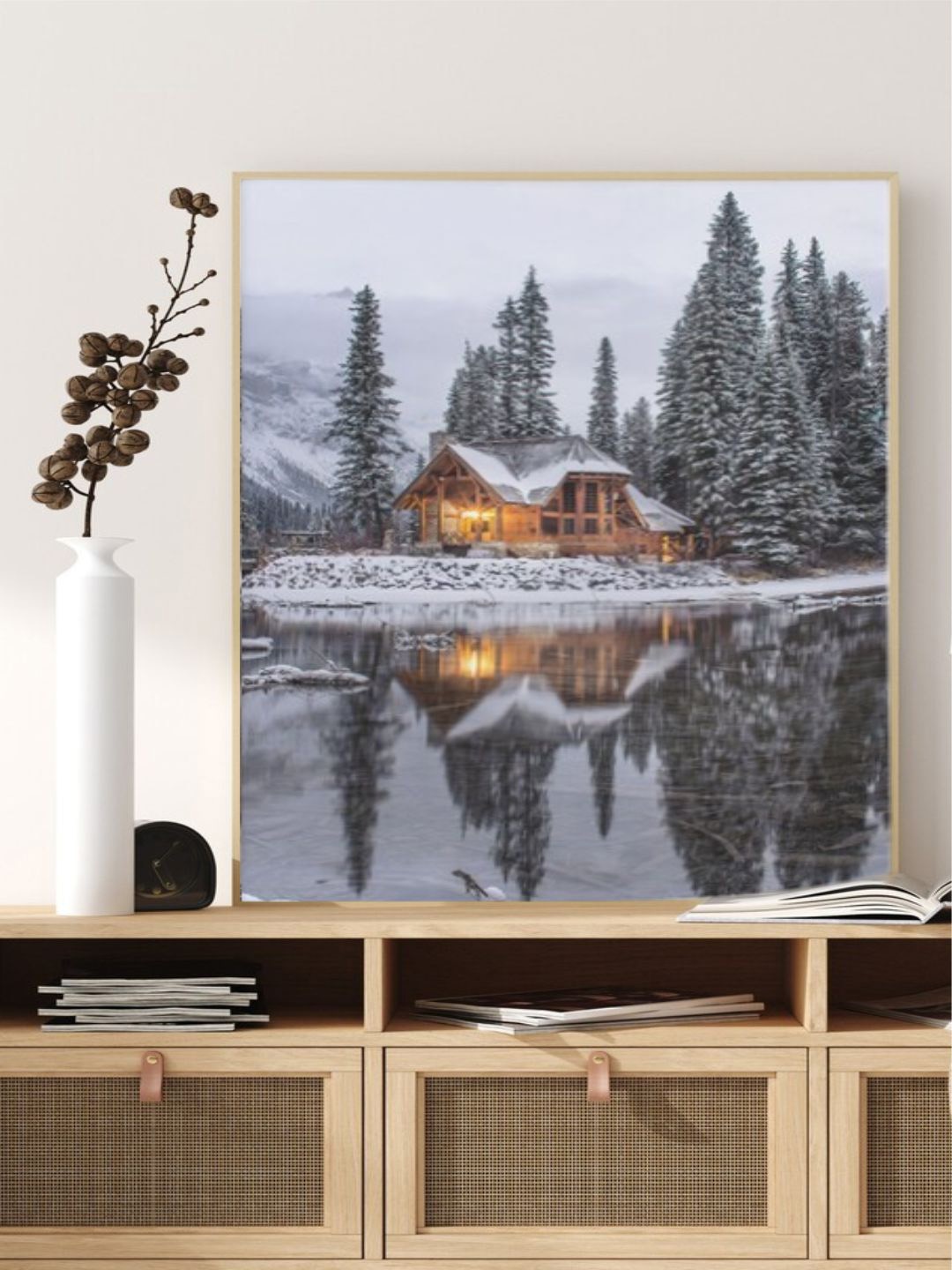 

INDIAN CLASSIC ART Grey Winter Cabin Cottage By Lake Wall Art