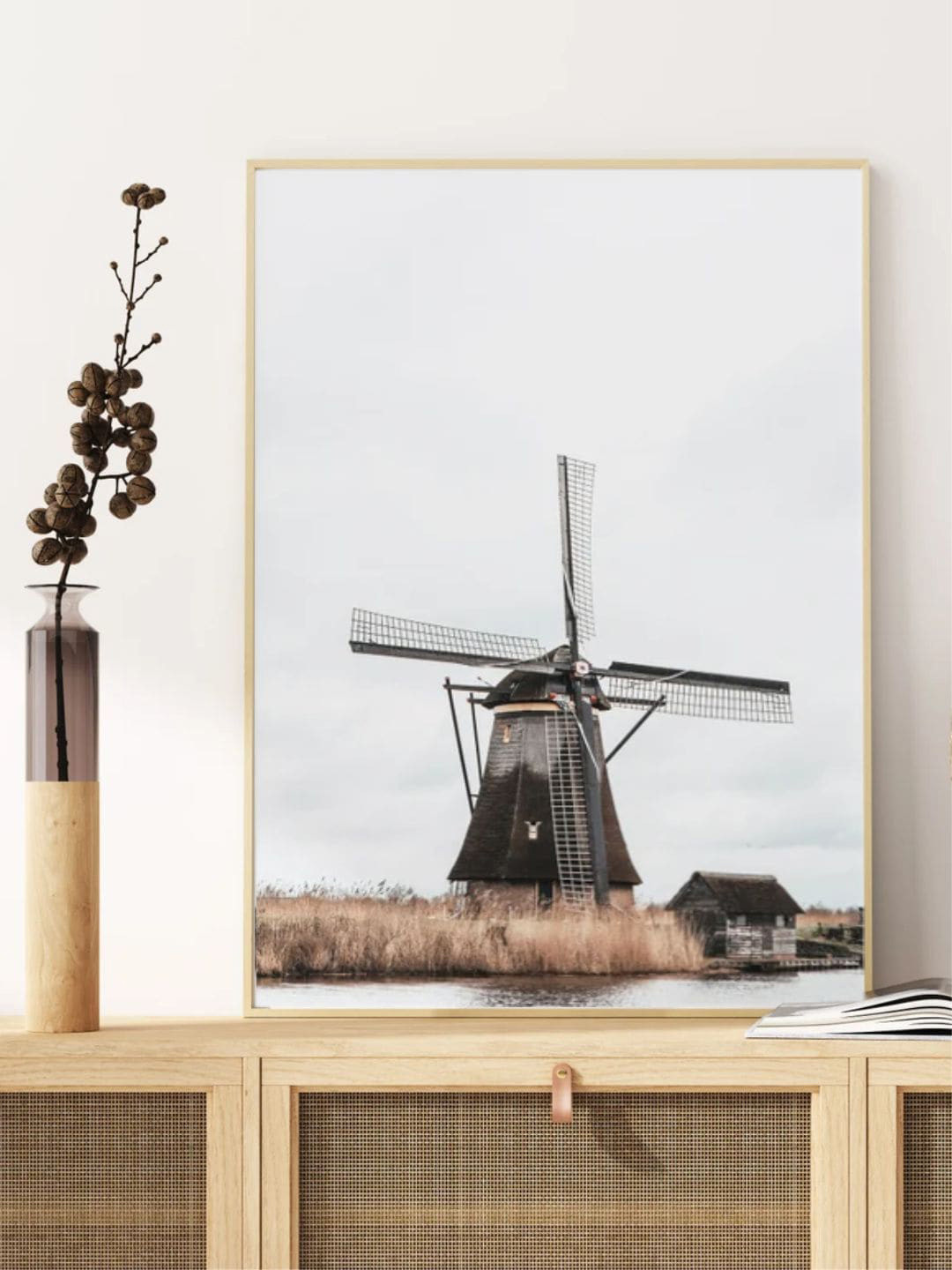 

INDIAN CLASSIC ART Blue & Black Dutch Windmill by The Water Modern Farmhouse Dcor Wall Art