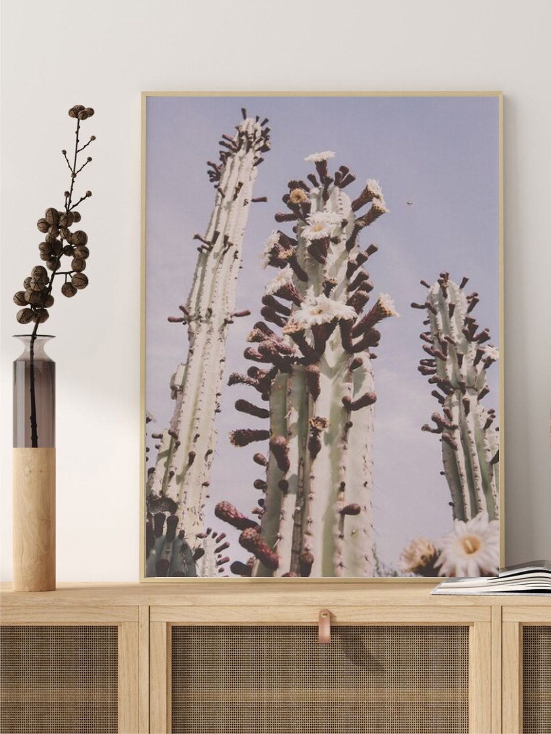 

INDIAN CLASSIC ART Purple & White Blooming Cactus Desert Plant Wall Art