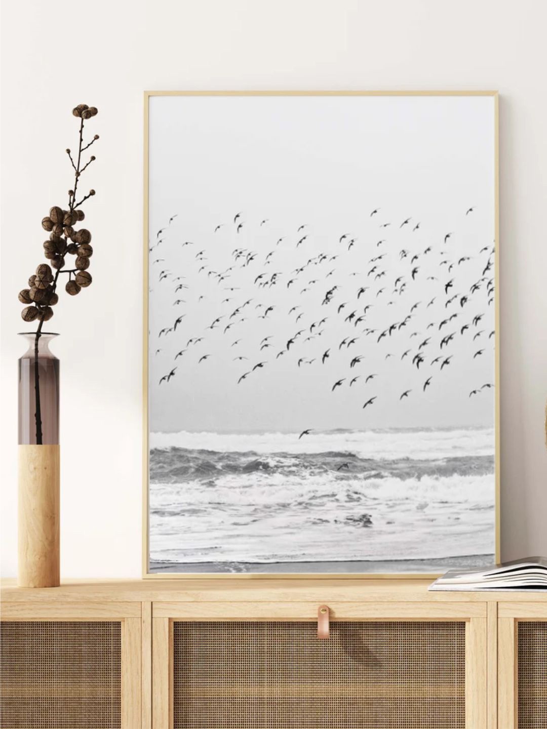 

INDIAN CLASSIC ART White & Beige Birds Flying Over The Ocean Printed Framed Wall Art
