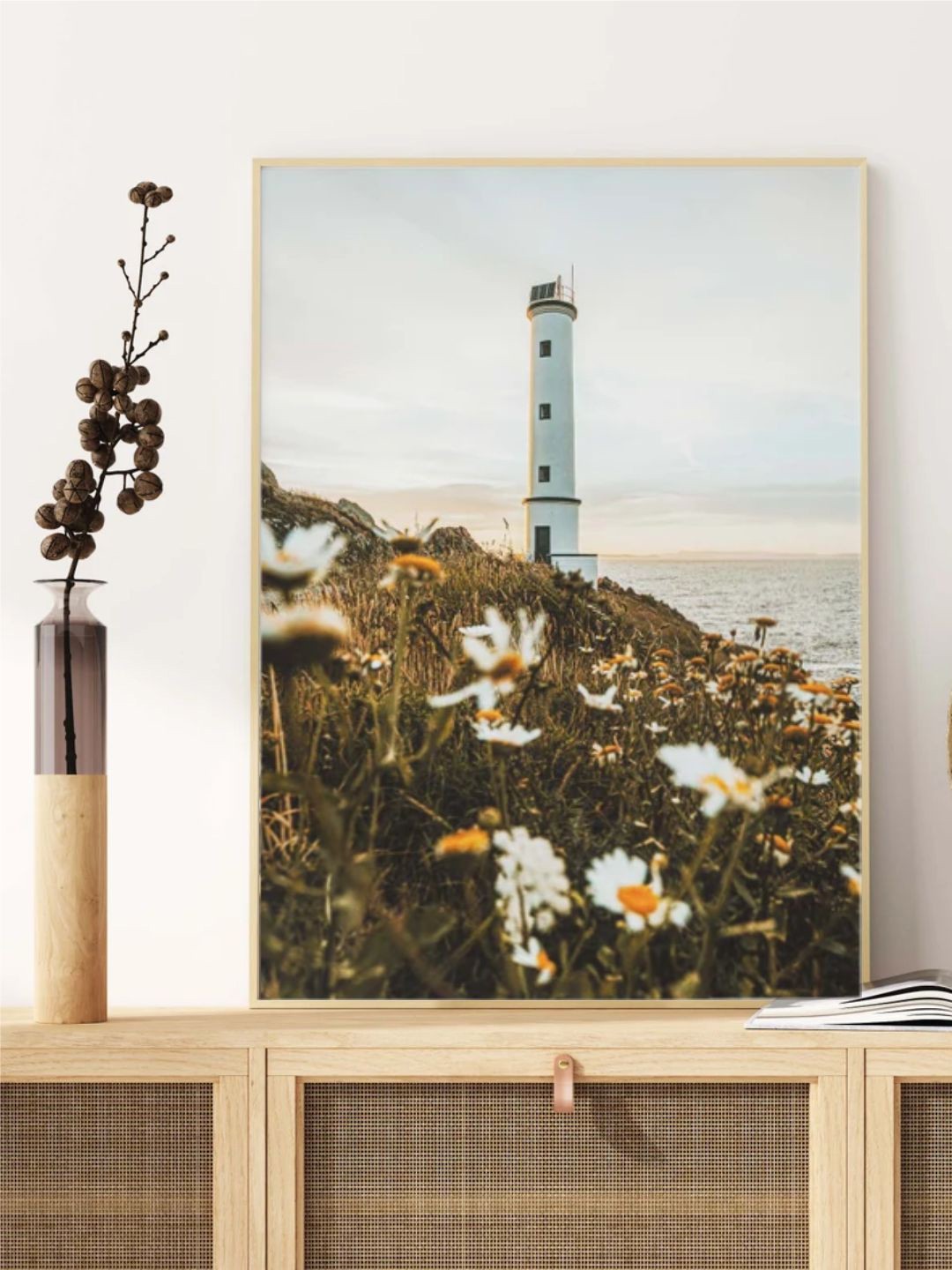 

INDIAN CLASSIC ART White & Green Lighthouse With Flowers Coastal Wall Art