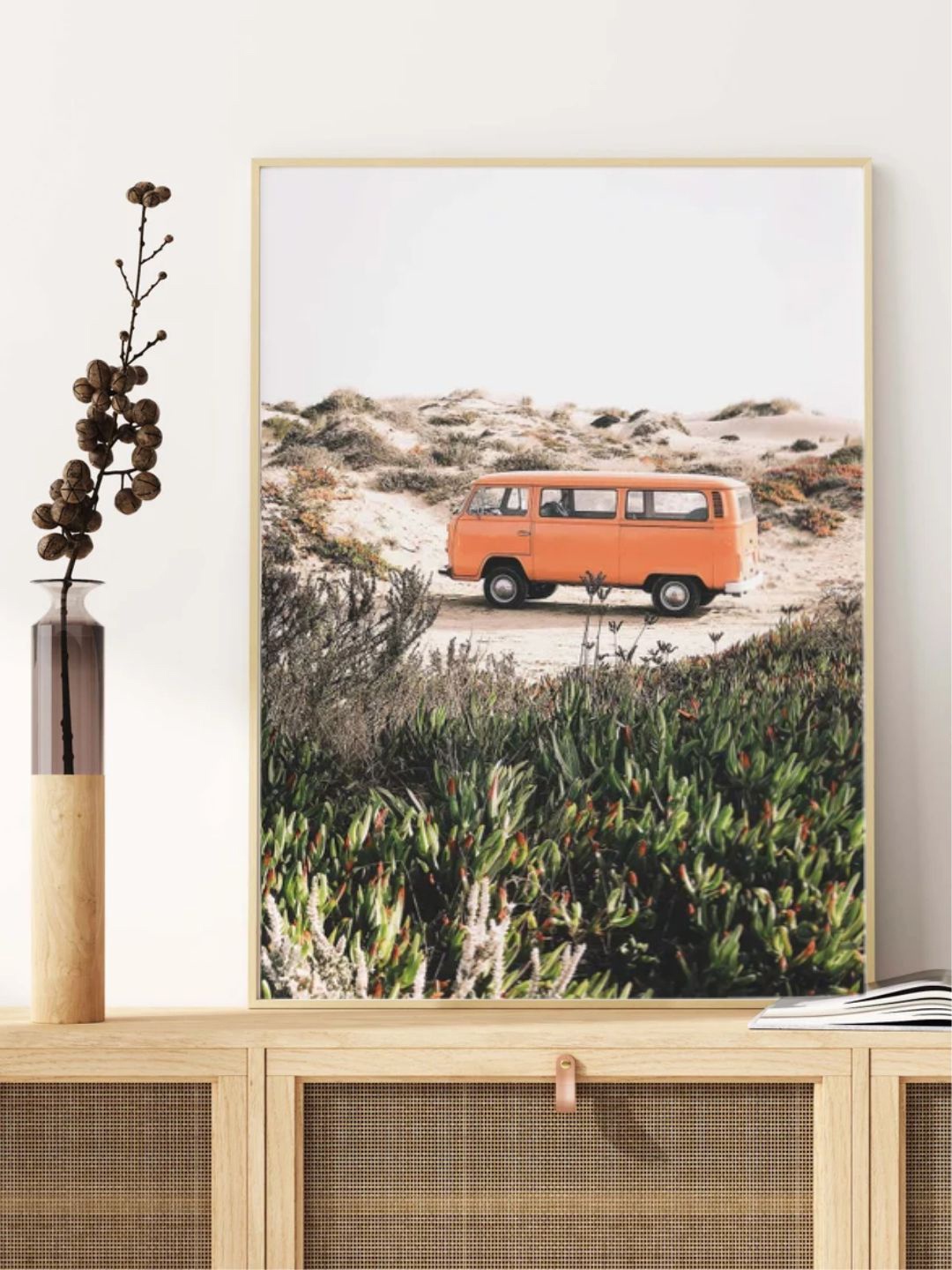 

INDIAN CLASSIC ART Orange Coloured & Green Retro Camper Van In The Dunes Painted Wall Art