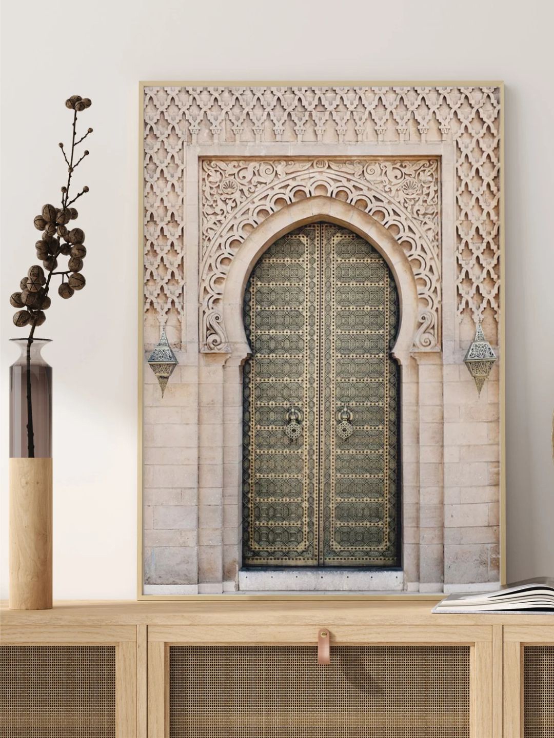

INDIAN CLASSIC ART Beige & Green Moroccan Door Boho Art Printed Framed Wall Art