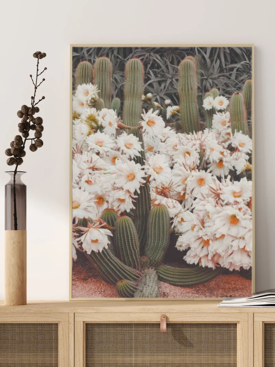 

INDIAN CLASSIC ART White & Green Blooming Cacti Boho Wall Art