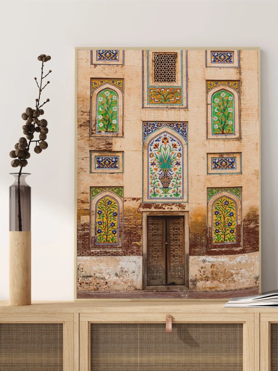 

INDIAN CLASSIC ART Moroccan Door With Floral Mosaics Art Printed Framed Wall Painting, Brown