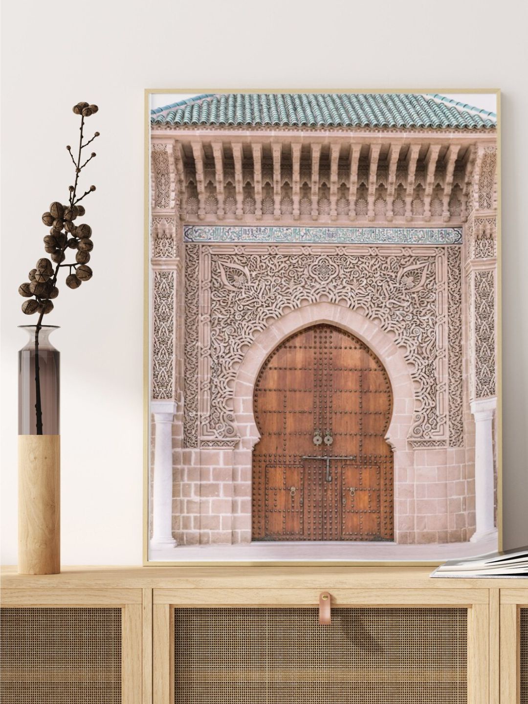 

INDIAN CLASSIC ART Beige & Green Moroccan Door Arabic Architecture Painted Wall Art