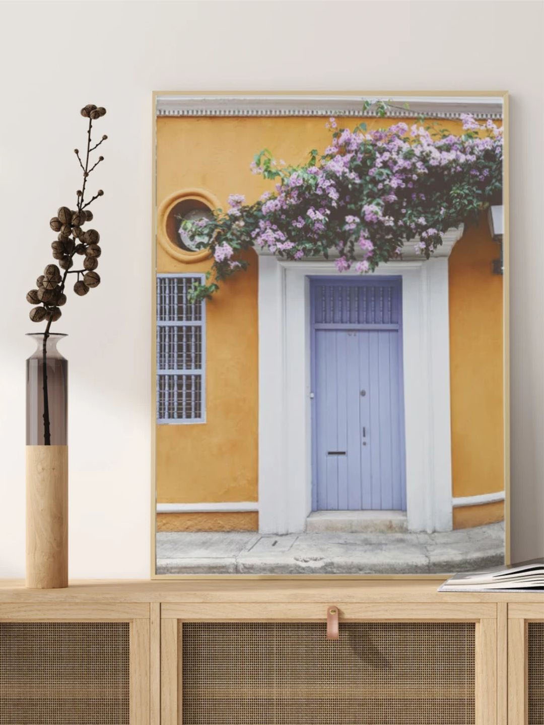 

INDIAN CLASSIC ART Yellow & Blue Wooden Lilac Door With Blooming Wisteria