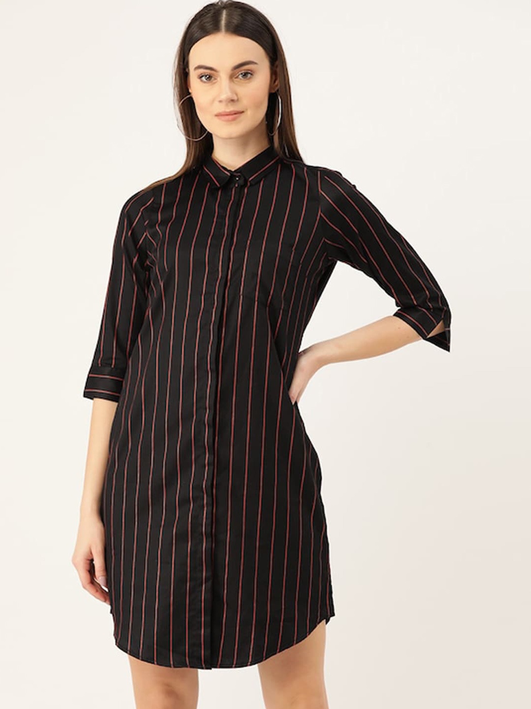 

Hancock Striped Above Knee Shirt Dress, Black
