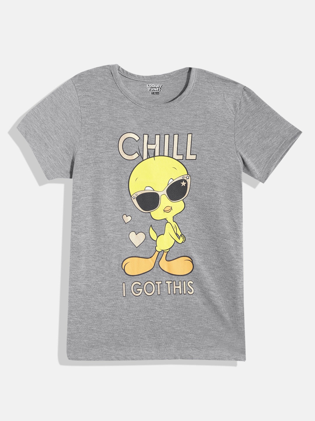 

Eteenz Girls Premium Cotton Tweety Printed T-shirt, Grey melange