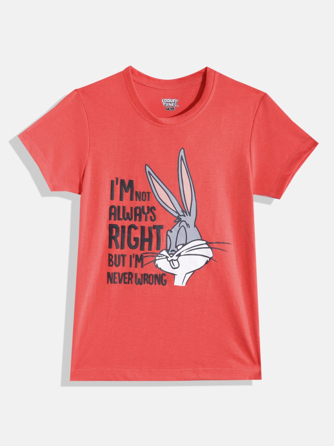 

Eteenz Girls Premium Cotton Bugs Bunny Printed T-shirt, Coral