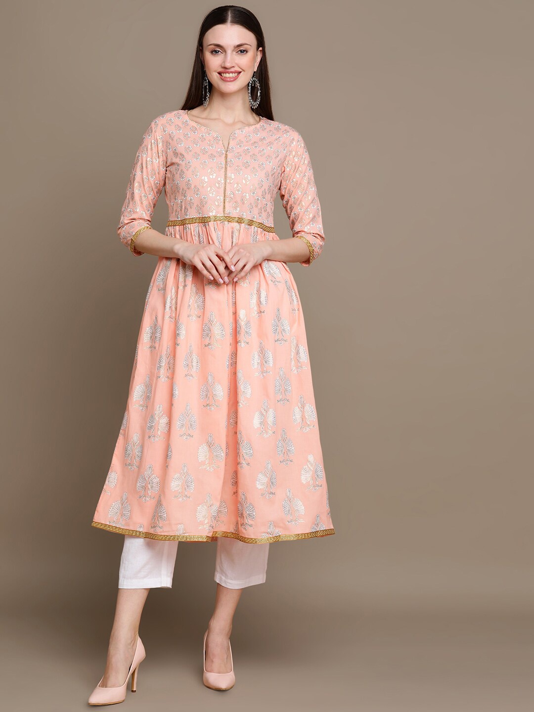 

MALHAAR Ethnic Motif Printed Cotton A-line Kurta, Peach