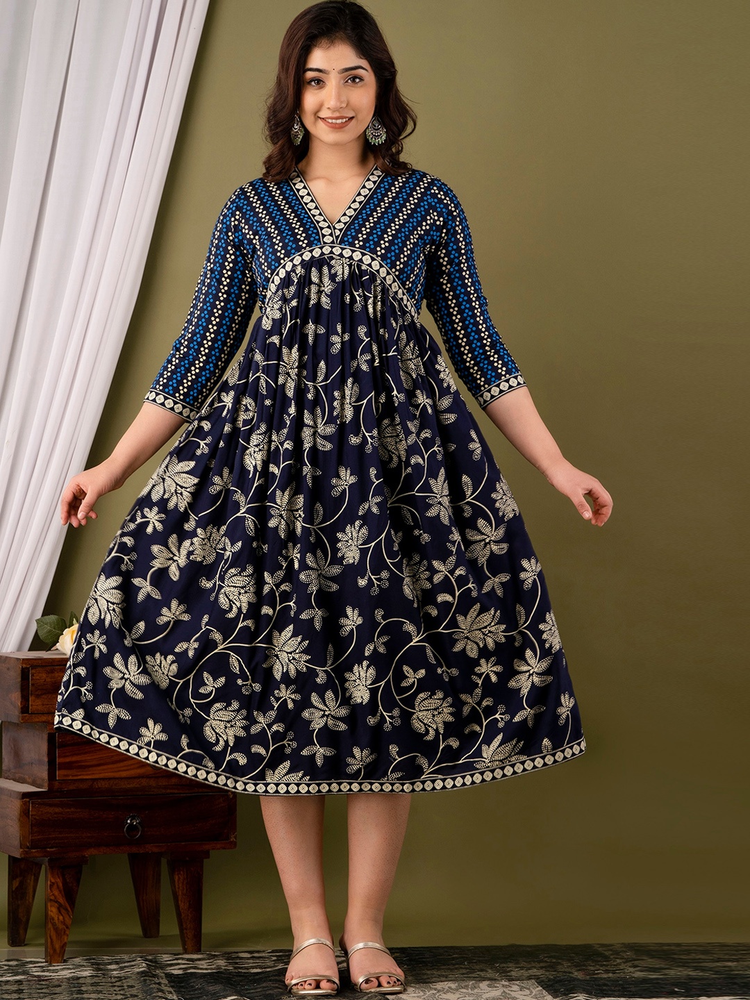 

KALINI V-Neck Floral Printed Gathered A-Line Midi Ethnic Dress, Navy blue