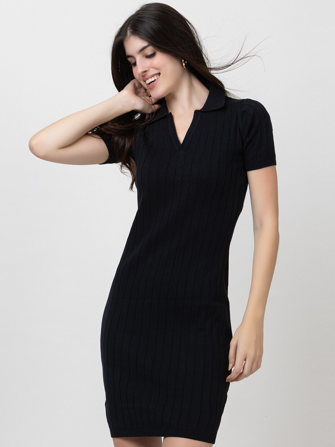 

ARMISTO Shirt Collar Rib Knit Bodycon Dress, Black