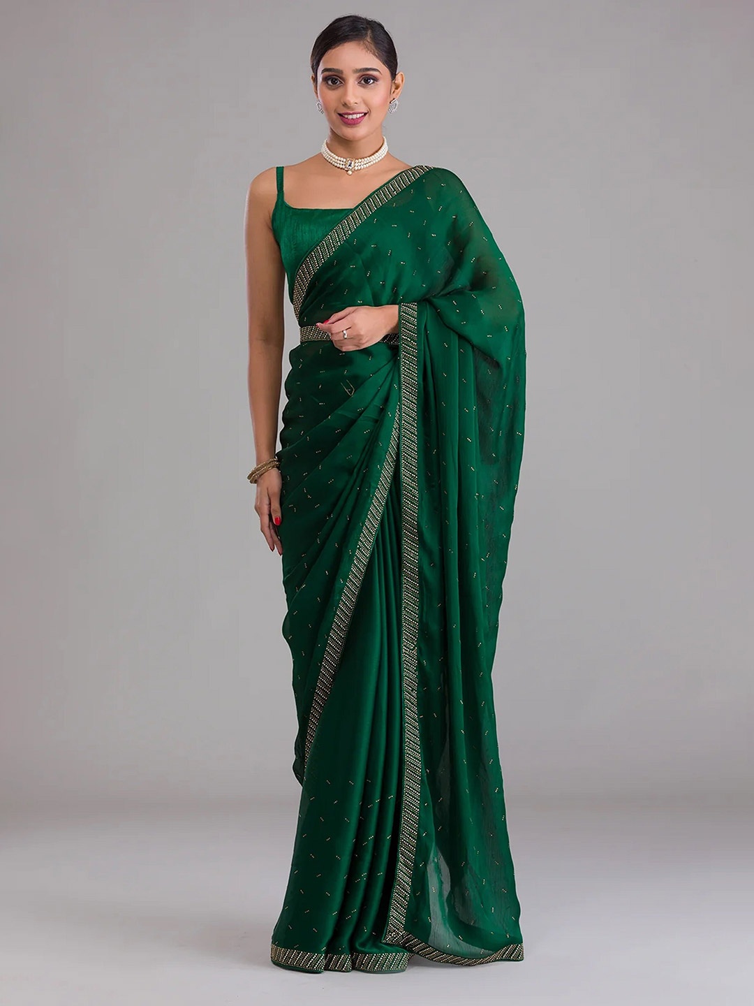 

Trendmalls Embellished Beads and Stones Saree With Belt, Green