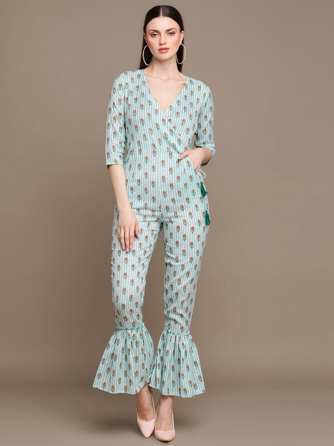 

MALHAAR Printed V-Neck Cotton Basic Jumpsuit, Sea green